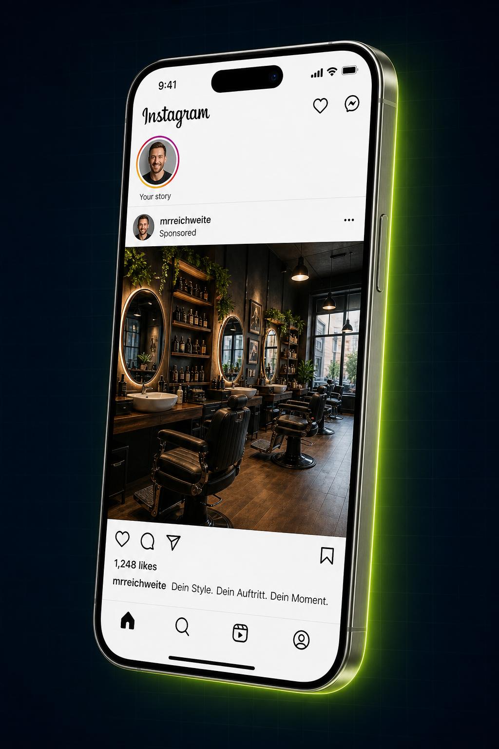 iPhone-Mockup mit Instagram-Post von mrreichweite — moderner Barbershop-Auftritt
